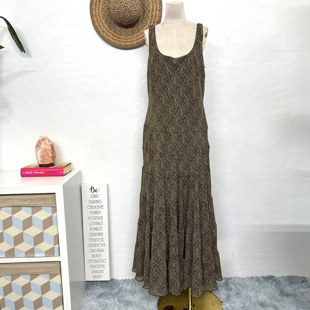 Jones Wear maxi summer tank dress 16-black brown flowy ruffle flair skirt boho
